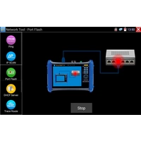 'Network Tool - Port Flash' zeigt ein Diagnosegerät mit einem Diagramm zu Netzwerkverbindungen. Links sind Optionen wie Ping, IP Scan, Port Flash.